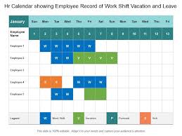 This information is helpful in examining the behavior of employee towards work and organizing. Hr Calendar Showing Employee Record Of Work Shift Vacation And Leave Powerpoint Slide Templates Download Ppt Background Template Presentation Slides Images
