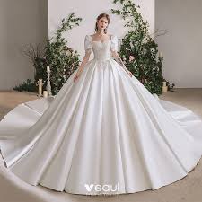 Heirloom sleeve ball gown wedding dress in satin and pearls. Stunning Ivory Satin Bridal Wedding Dresses 2020 Ball Gown Square Neckline Puffy Short Sleeve Backless Beading Cathedral Train Ruffle