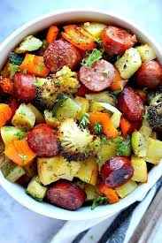 Healthy Sheet Pan Sausage And Vegetables Recipe Smoked Sausage Broccoli Zucchini Pot Sausage And Vegetable Recipe Smoked Sausage Recipes Vegetable Recipes