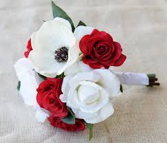 Real touch aqua turquoise calla lilies and lavender fillers silk wedding bouquet. Natural Touch Anemone Red And Off White Roses Silk Wedding Bouquet