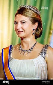 Hereditary Grand Duchess Stephanie during the official state banquet at the  Grand Ducal Palace in Luxembourg, 23 May 2018. The Dutch King and Queen are  in Luxembourg for an three day state