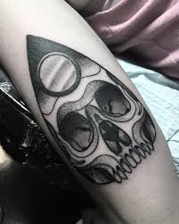 Awesome Black Work Black And Gray Skull Planchette Tattoo Witches Ouija Occult Spooky Halloween By Cody Brigan Of Black And Grey Tattoos Tattoos Spooky Tattoos