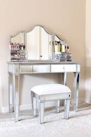 Mirrored vanity desk as narrow space saver, title: My Makeup Vanity And Makeup Storage Makeover Mirrored Vanity Kelsey Smith