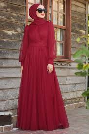 Tuay Balon Kol Bordo Tesettur Abiye Elbise 30631br Elbise Moda Stilleri Elbiseler