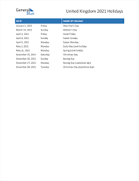 Find the holiday dates in 2021 for st patrick's day, good friday, easter monday, early may bank holiday, spring bank holiday, orangemen's day, summer bank holiday, st andrew's day, christmas and boxing day. United Kingdom Holidays 2021 In Pdf Word And Excel