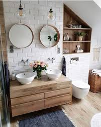 Modern Farmhouse Master Bath With 2 Round Mirror With Vessel Sinks Hanging Industrial Light Pendan Master Bath Renovation Bathroom Inspiration Bath Renovation