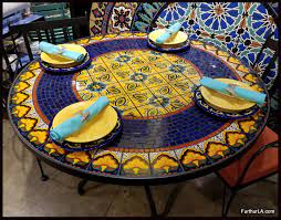 Iron ropes surround the table with a wrought iron square knot in the center. Furthur Wholesale Mosaic Dining Tables