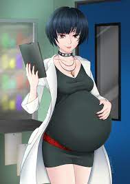 1girls belly big belly blue hair breasts choker cleavage female  hand on belly outie navel persona persona 5 pregnant silkyomega tae takemi  