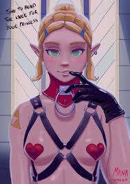 56172 - suggestive, artist:manaomega, princess zelda (zelda), elf,  fictional species, mammal, humanoid, nintendo, the legend of zelda,  breasts, bust, clothes, collar, dialogue, ear piercing, earring, female,  gloves, harness, indoors, latex, latex gloves,
