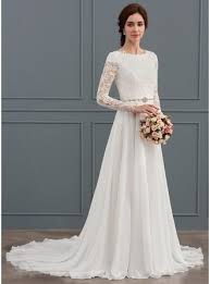 151 00 A Line Princess Scoop Neck Court Train Chiffon Wedding Dress With Beading Jj S House Modest Wedding Dresses Bow Wedding Dress Wedding Dresses