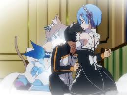 felix argyle, natsuki subaru, rem (re:zero), re:zero kara hajimeru isekai  seikatsu, animated, 1girl, 2boys, animal ears, between breasts, breast  smother, breasts, cat boy, cat ears, cat tail, face to breasts, multiple  boys,