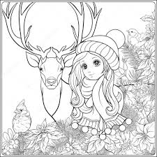 Winter hat coloring page from clothes and shoes category. Christmas Wreath Of Spruce Pine Poinsettia Winter Bird Deer And Nice Girl In Hat Coloring Page For The Adult Coloring Book Outline Hand Drawing Vector Illustration Premium Vector In Adobe Illustrator
