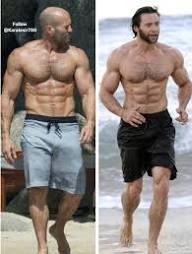 The image shows a side-by-side comparison of actors Jason Statham and Hugh Jackman, highlighting their muscular physiques. Jason Statham is known for his lean, athletic build that emphasizes functional strength. Hugh Jackman's