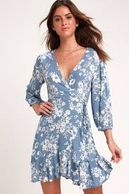 Floral In This Together Dusty Blue Floral Print Wrap Dress Floral Print Maxi Dress Midi Short Sleeve Dress Cute Floral Dresses