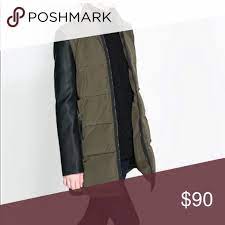 Zara Olive Green Coat With Leather Faux Sleeves Olive Green Coat Green Coat Leather Sleeve Jacket