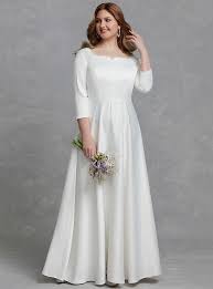 Plus Size A Line Square Neck Floor Length Satin Made To Measure Wedding Dresse Grey Wedding Dress Plus Size Wedding Dresses With Sleeves Modest Wedding Dresses