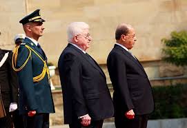 Iraqi President Fuad Masum Center And Lebanese President Michel Aoun Right Listen To The National Anthems During A Welcoming Ceremony At Salam Palace In Bag