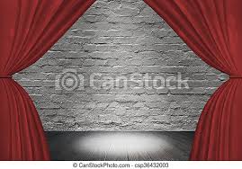Realistic grand opening invitation with red curtains and golden confetti. Spotlight On Stage With Red Curtains On Old Brick Wall Background Canstock