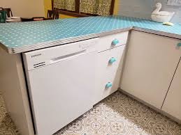 blue countertops with polka dots