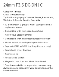 What does dg stand for in structure? Leaked Sigma 24mm F 3 5 35mm F 2 And 65mm F 2 Dg Dn Contemporary Lenses For E Mount And L Mount Photo Rumors