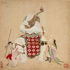 A Buddhist master (?) enthroned on an elephant, being presented with a sword-like object by a man and woman. Watercolour with gouache, China (?), 1750/1850?. | Wellcome Collection