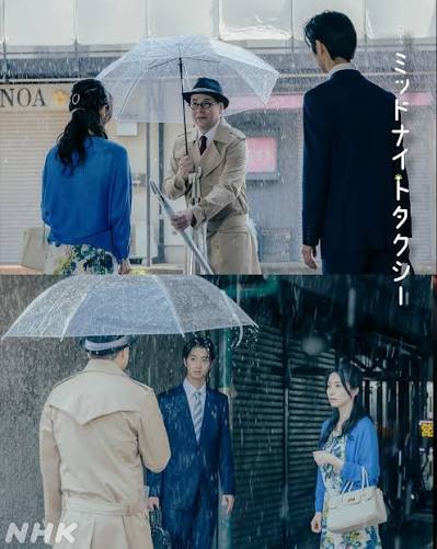 🌙#夜ドラ【#ミッドナイトタクシー】🚕 月曜から木曜 夜10:45〜11:00 ＼今夜10:45から／ 雨宿りしている男女に傘を差しだす男  「怪しいものではございません」 いや、それは無理がある… #鈴木浩介 #旭惟吹 #永井理子 #古川琴音 📱公式HPはプロフィール欄📎から