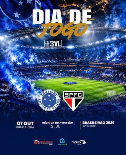 ⚪🔵 CRUZEIRO X SÃO PAULO AO VIVO NA 3VL! 🔴 Nesta quarta (7) o Cruzeiro encara o São Paulo, pela 29ª rodada do Brasileirão 2026! A partida acontece às 21:30, no Estádio