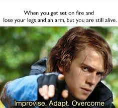 When You Get Set On Fire And Lose Your Legs And An Arm But You Are Still Alive Improvise Adapt Overcome Star Wars Jokes Star Wars Humor Star Wars Facts