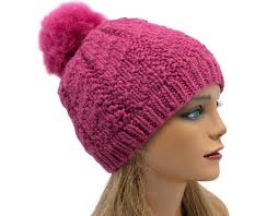 Alpaca Hat With Baby Alpaca Pompom,raspberry Escalera Winter Hat,warm Hand  Made Alpaca Hat,natural Cochineal Dyed Alpaca Hat,ear Warmer