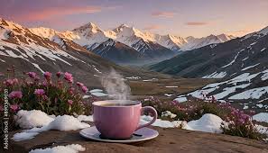 Photo & Art Print Sunrise with a cup of hot steamy coffee in winter  mountains, Pinky Soni