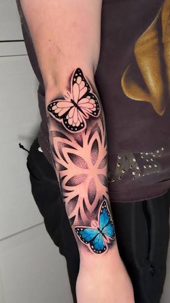 All we managed to get done on this half sleeve… Still blue to add into the rest of the butterflies., Can’t wait to get this finished 💙 @josephbold76 , #butterfly #butterflytattoo #dotwork #tattoo ...