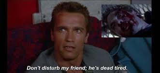 Forgot this scene in Commando. Don't disturb my friend;  Don'disturb.myfriend,thesde he's dead tired.