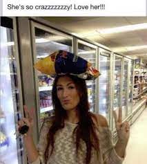 Reactions On Twitter She S So Crazy Love Her White Woman In Frozen Food Section At Grocery Store With Bag Of Food On Head Peace Signs