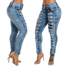 China Wholesale Custom Denim Pants Stretch Holes Jeans Women Light Blue Jeans China Women Jeans And Skinny Jeans Price