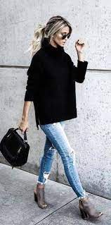 Winter Outfits Black Round Neckline Sweater And Stone Washed Distressed Blue Denim Jeans Fashion Autumn Fashion Autumn Street Style