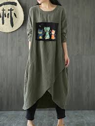 Vintage Cartoon Print High Low Hem Crew Neck Plus Size Dress