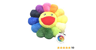 Rainbow synthetic flower cushion with color wheel at petals, smiling center at each face and brand label at side seam, designed by takashi murakami, manufactured by kaikai kiki. Amazon Com Kaikai Kiki Flower Cushion 11 8inch Double Sided Takashi Murakami Japan Arts Crafts Sewing