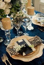 Black And Gold Table Covers Blue Table Linens Were Used Even Though The Patrician Ordered Green Wedding Table Linens Wedding Reception Place Settings Wedding Table