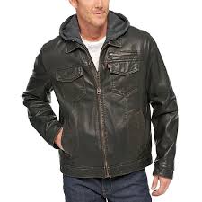 Big Tall Levi S Faux Leather Sherpa Lined Hooded Jacket In 2020 Faux Leather Hooded Jacket Leather Jacket With Hood Leather Jacket Men