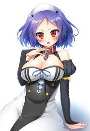 pochadon, chess belle, owari no seraph, >:o, 10s, 1girl, :o, breasts,  bridal gauntlets, cleavage, collar, elbow gloves, fang, female focus,  gloves, large breasts, purple hair, red eyes, short hair, solo, v-shaped  eyebrows -