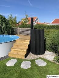 Pool Wooden Deck Stepping Stone Outside Shower Stairs Shower Wood Deck Steps In 2020 Pool Landscaping Backyard Pool Backyard