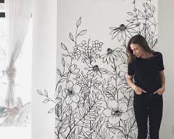 Black And White Flower Wall Mural Wildflower Mural Custom Black And White Minimal Wall Art Love Karla Designs In 2020 Wall Murals Diy Wildflower Mural Wall Murals Bedroom