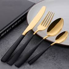 Black And Gold Kitchen Utensils Black Gold Stainless Steel Flatware Set Gold Kitchen Flatware Set Gold Flatware