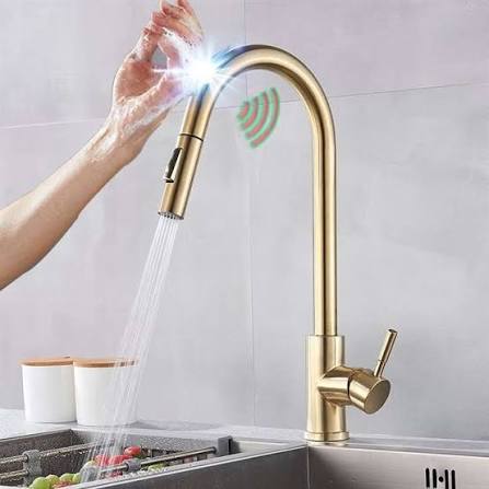 Touch sensor kitchen faucet with pull out sprayer and stream spray options
