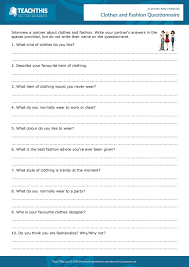 Clothes And Fashion Questionnaire Esl Clothes And Fashion Activity Reading Writing Listening In 2020 Writing Lesson Plans Writing Lessons Clothes Worksheet
