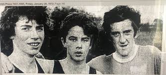 First Three home in Waterford Senior X Country Championships January 1972  in Ring L to r 1st Tony Ryan Dungarvan 2nd Ray Treacy St NichoasAC 3rd Dan  Cowman DunhillAC Note Senior X