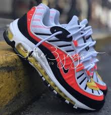 Nike Air Max 98 Black White Orange Yellow Nike Shoes Air Max Nike Air Max Kicks Shoes