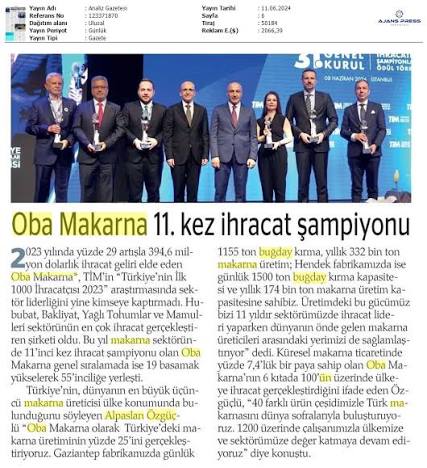 11 Yıllık Başarı Serisi: Oba Makarna Nasıl İhracat Şampiyonu Oldu?
