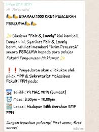 Nantikan pengumuman terkini di laman facebook fair & lovely. Smf Fpm Uitmpp On Twitter Mari Semua Mahasiswa Fakulti Pengurusan Maklumat Untuk Mendapatkan Peluang Biasiswa Serta Set Sample Fair Lovely Berdekatan Di Bilik Seminar Https T Co Sddwjru6ko