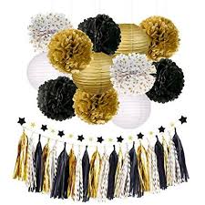 28pcs Party Decorations Tissue Pom Poms Flowers Lanterns Star Garland Tassel Graduat Black And Gold Party Decorations Gold Party Decorations Trendy Party Decor